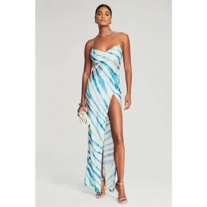 Retrofête Amika Silk High Slit Maxi Dress Blue Zebra Women's Size XS
